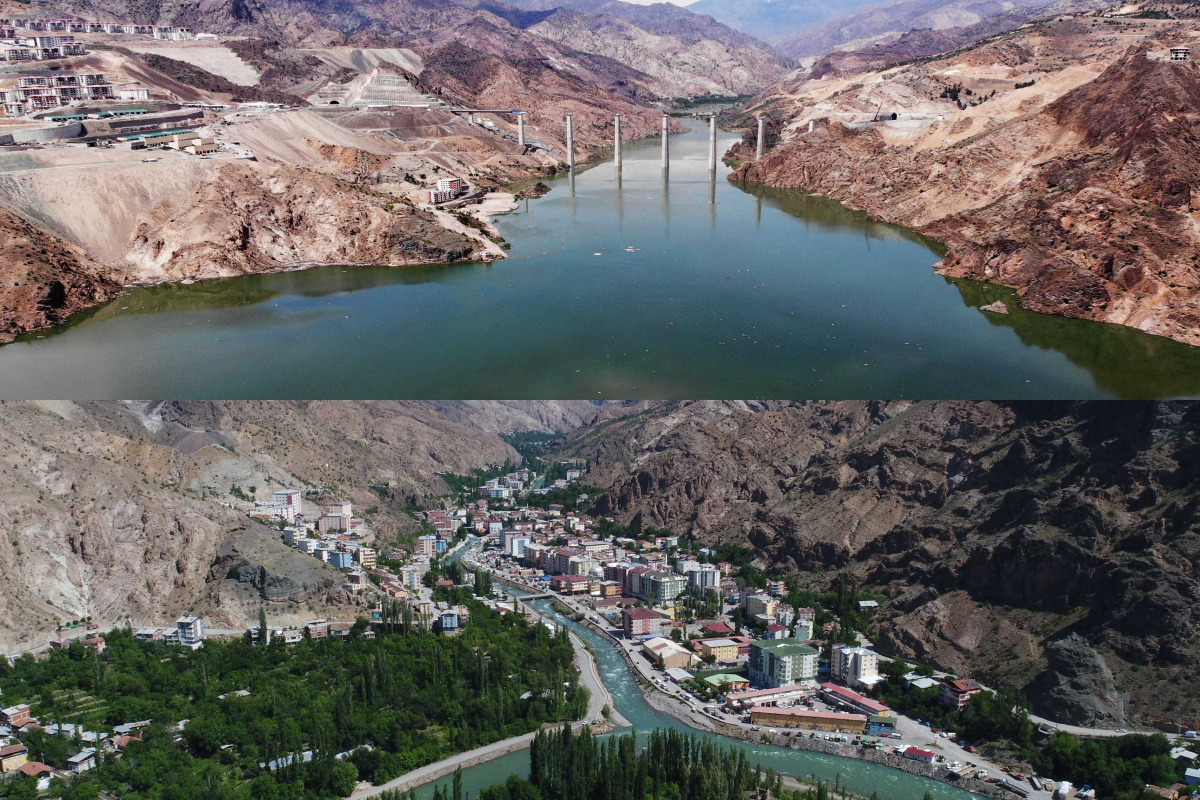 Yusufeli Barajı'nda devam eden su tutma işlemleri sonucunda Artvin'deki barajın su seviyesi 126 metreye ulaştı ve ilçe merkezinin tamamen su altında kaldı.