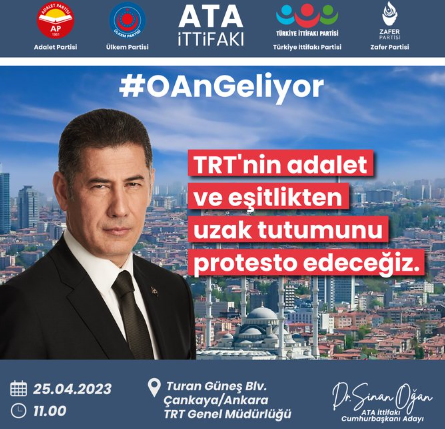 ATA İttifakı'nın Cumhurbaşkanı adayı Sinan Oğan, TRT Genel Müdürlüğü önünde TRT'yi protesto etti.