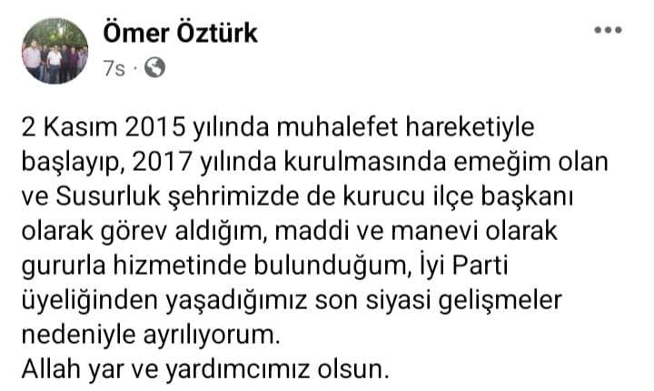 İYİ Parti Balıkesir Büyükşehir Belediye Meclis Üyesi ve Susurluk Kurucu İlçe Başkanı Ömer Öztürk, partisinin HDP ile yakınlaşmasından duyduğu rahatsızlık nedeniyle istifa etti.