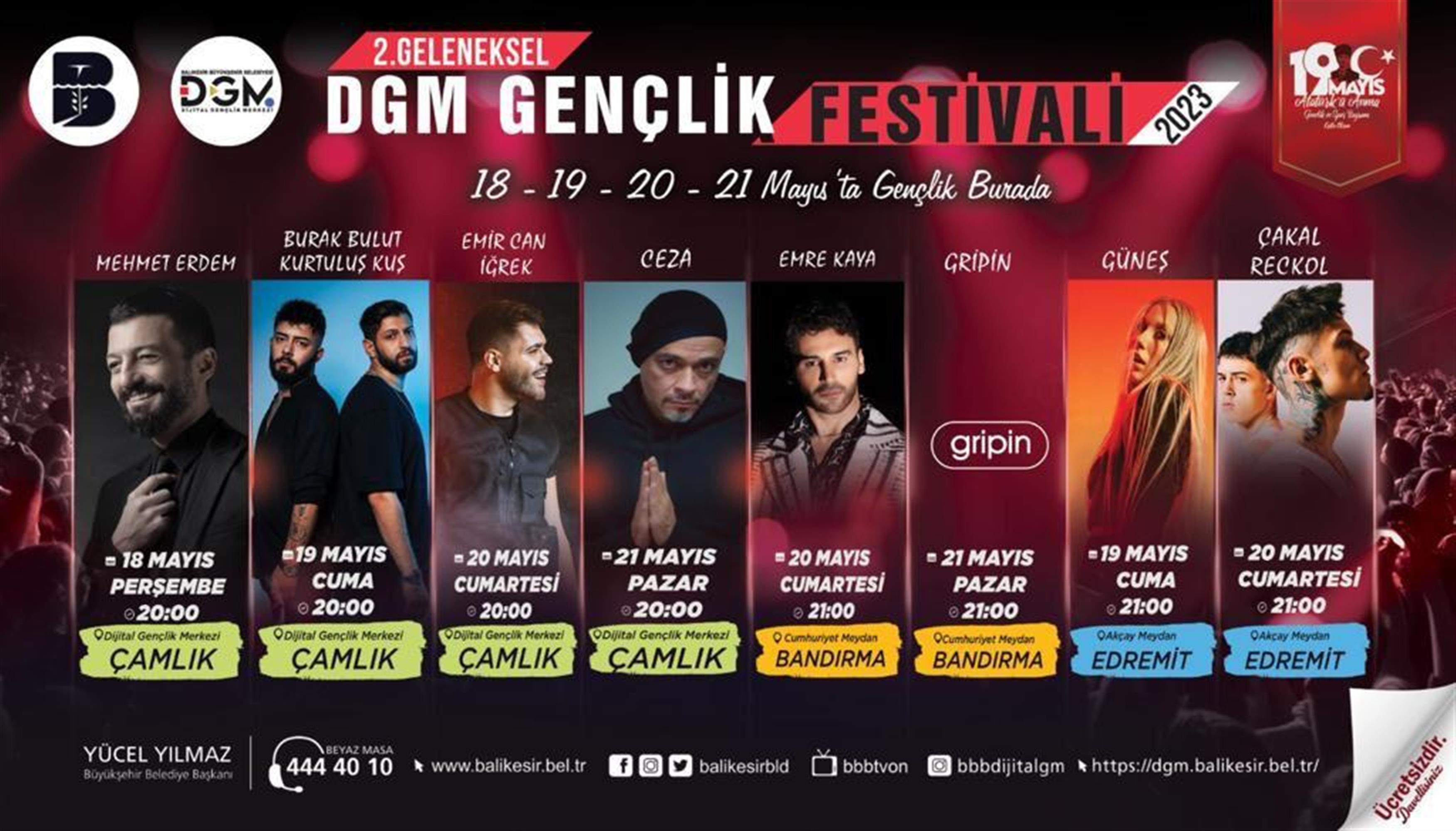 Balıkesir Büyükşehir Belediye Başkanı Yücel Yılmaz’ın, geçtiğimiz yıl 19 Mayıs Atatürk’ü Anma Gençlik ve Spor Bayramı onuruna başlattığı Gençlik Festivali bu yıl da gençlerin en çok sevdiği sanatçıların konserleriyle büyük bir coşkuyla devam edecek.