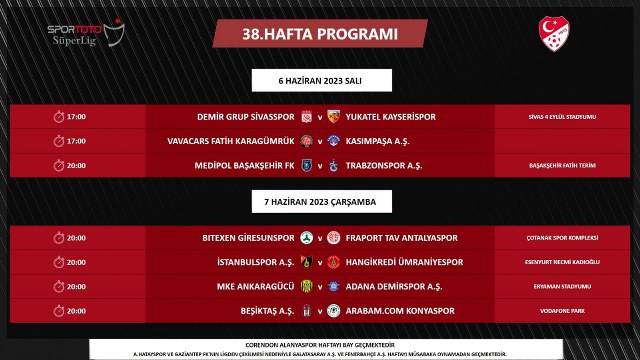 Spor Toto Süper Lig’de son hafta karşılaşmalarının günleri ve saati belli oldu. Programa göre maçlar 6 Haziran Salı ve 7 Haziran Çarşamba günü oynanacak.