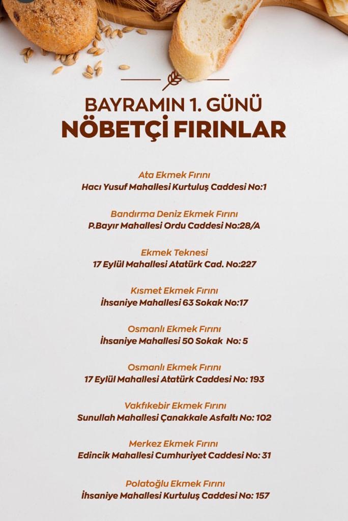 Kurban Bayramı’nda Bandırma’da vatandaşa hizmet verecek nöbetçi fırınların listesine göre yarın 10 fırın açık olacak.