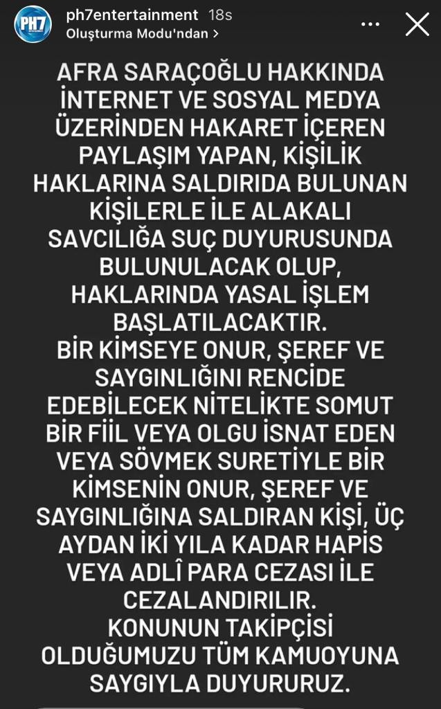Afra Saraçoğlu, Yalı Çapkını dizisinde rol arkadaşı Mert Ramazan Demir ile birlikte görüntüleri çıktıktan sonra yapılan hakaret içerikli yorumlarla ilgili yasal yollara başvurma kararı aldı.