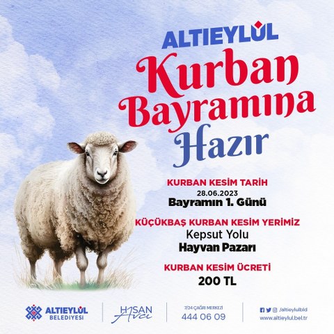 Kurban Bayramı'nda da Altıeylül Belediyesi, Altıeylül sakinlerine kurban kesim hizmeti sunmaya devam edecek. Küçükbaş kurbanlar, Hayvan Pazarı olarak bilinen ve Kepsut Yolu üzerinde bulunan alanda kesilecek.