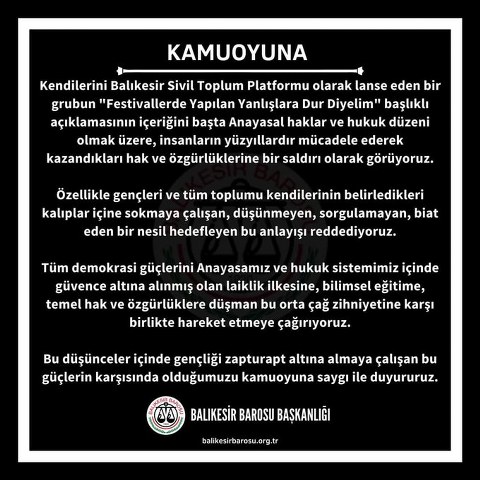 Balıkesir Sivil Toplum Platformu'nun "Festivallerde Yapılan Yanlışlara Dur Diyelim" isimli bildirisinin ardından Balıkesir Barosu da karşı bir bildiri yayınladı.