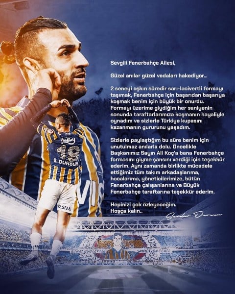 Fenerbahçe’den Fatih Karagümrük’e transfer olan milli oyuncu Serdar Dursun, sarı-lacivertli kulübe yayımladığı mesaj ile veda etti. Milli futbolcu Serdar Dursun, Fenerbahçe’den Fatih Karagümrük’e transfer oldu.
