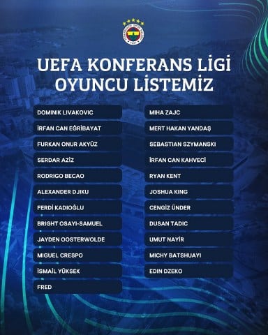 Fenerbahçe, UEFA Avrupa Konferans Ligi kadrosunu açıkladı. Luan Peres, Samet Akaydin, Mert Müldür, Nazım Sangare, Bartuğ Elmaz, Emre Mor, Omar Fayed, Emre Demir, Burak Kapacak listede yok.
