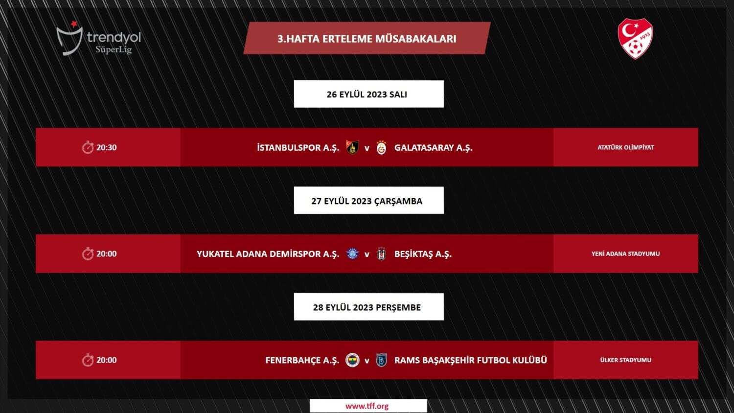 Trendyol Süper Lig'in 3. hafta erteleme maçlarının takvimi resmi olarak duyuruldu.