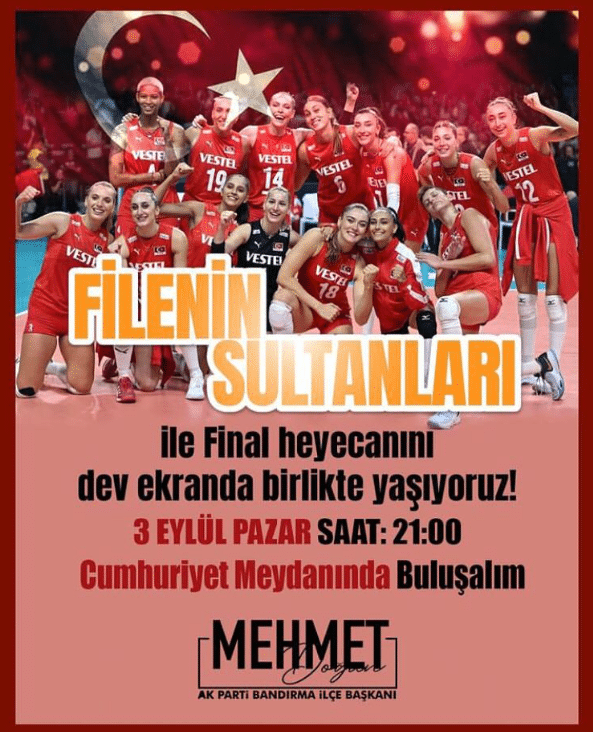 A Milli Kadın Voleybol Takımı’nın CEV Avrupa Voleybol Şampiyonası finalinde bugün Sırbistan ile karşı karşıya geleceği mücadele Bandırma Cumhuriyet Meydanı