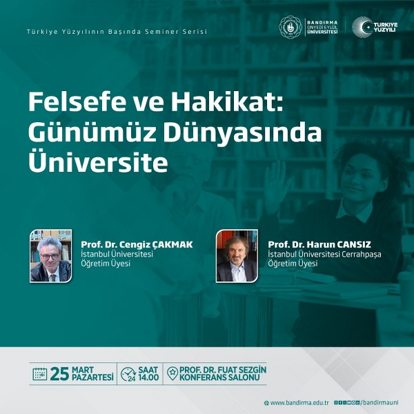 seminere konuşmacı olarak İstanbul Üniversitesi Edebiyat Fakültesi, Felsefe Bölümü Öğretim Üyesi Prof. Dr. Cengiz Çakmak ve İstanbul Üniversitesi Cerrahpaşa Tıp Fakültesi, Cerrahi Tıp Bilimleri Bölümü Öğretim Üyesi Prof. Dr. Harun Cansız katılacak.