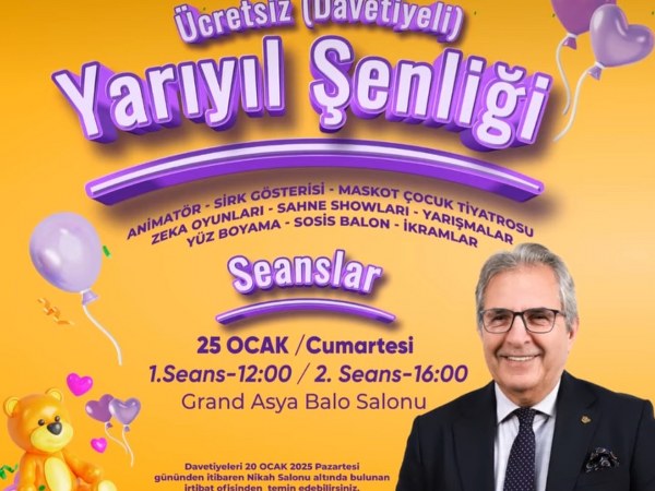 Bandırma Belediyesi, sömestr tatilinde çocuklar için ücretsiz Yarıyıl Şenliği düzenliyor. 25 Ocak'ta Grand Asya Balo Salonu'nda düzenlenecek etkinlikte animasyon, tiyatro ve eğlenceli oyunlar çocuklarla buluşacak. Davetiyeler, 20 Ocak'tan itibaren Nikah Salonu'ndaki irtibat ofisinden alınabilecek.Bandırma