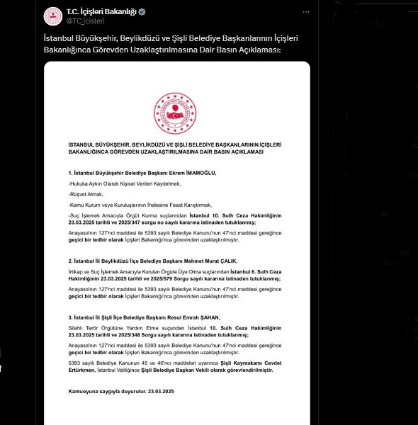 İBB Başkanı İmamoğlu, görevden uzaklaştırıldı