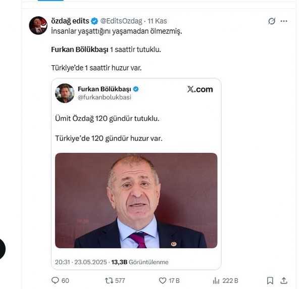 Ümit Özdağ’dan Furkan Bölükbaşı paylaşımı “1 saattir huzur var”
