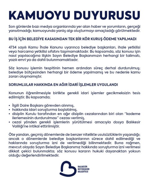 Balıkesir Büyükşehir Belediyesinden Soruşturma Açıklaması